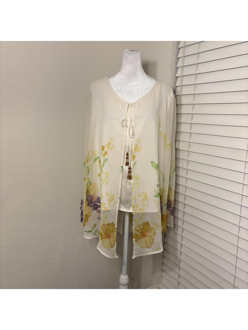 Fairycore sheer 100% silk white yellow watercolor floral tunic blouse Gala sz L
